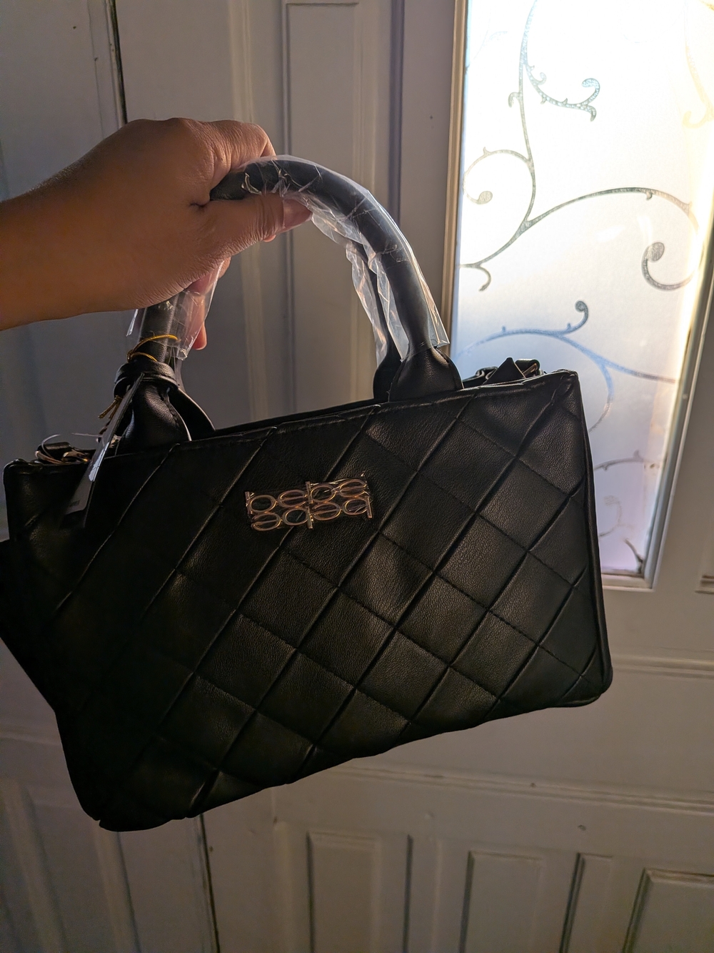 bebe Black Quilted Satchel with Gold Logo Accent